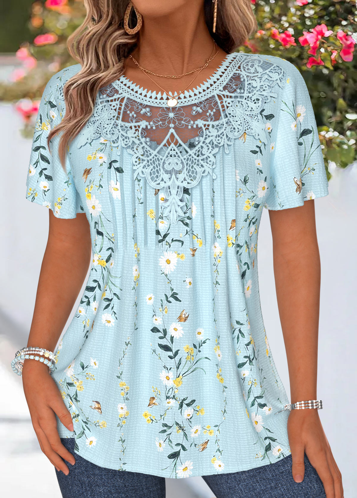 Floral Print Patchwork Light Blue Short Sleeve T Shirt