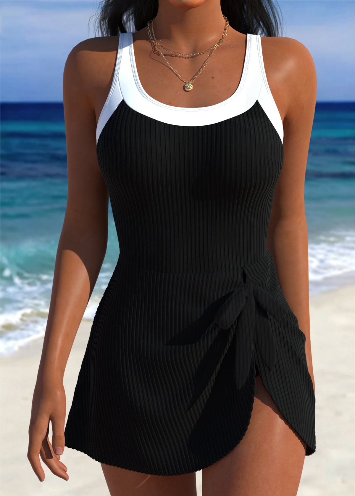 Adjustable Tie Black One Piece Swimdress