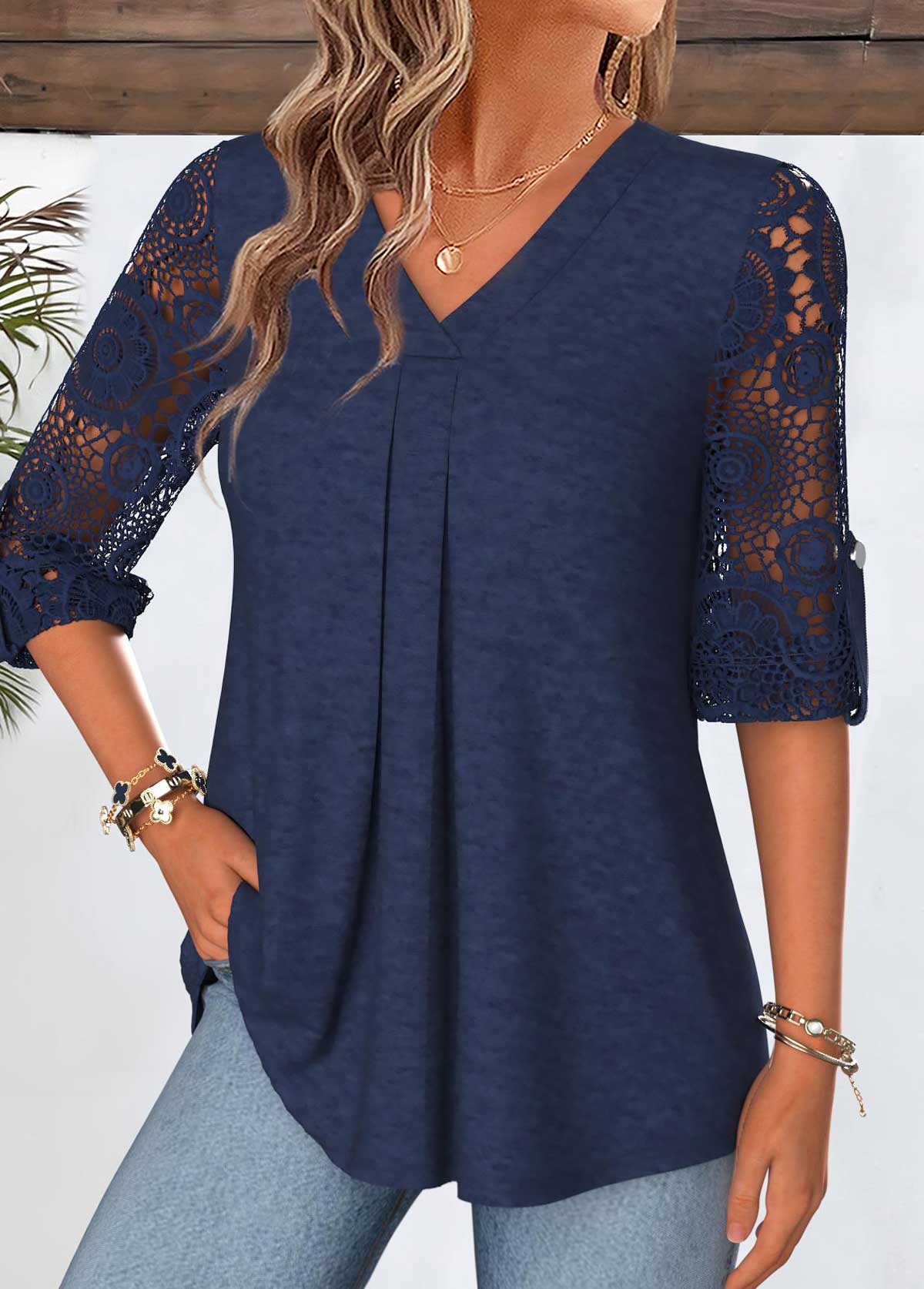Curved Hem Navy 3/4 Sleeve V Neck Blouse