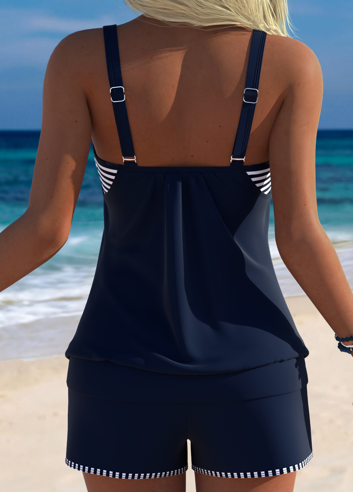 Mid Waisted Striped Blouson Navy Tankini Set