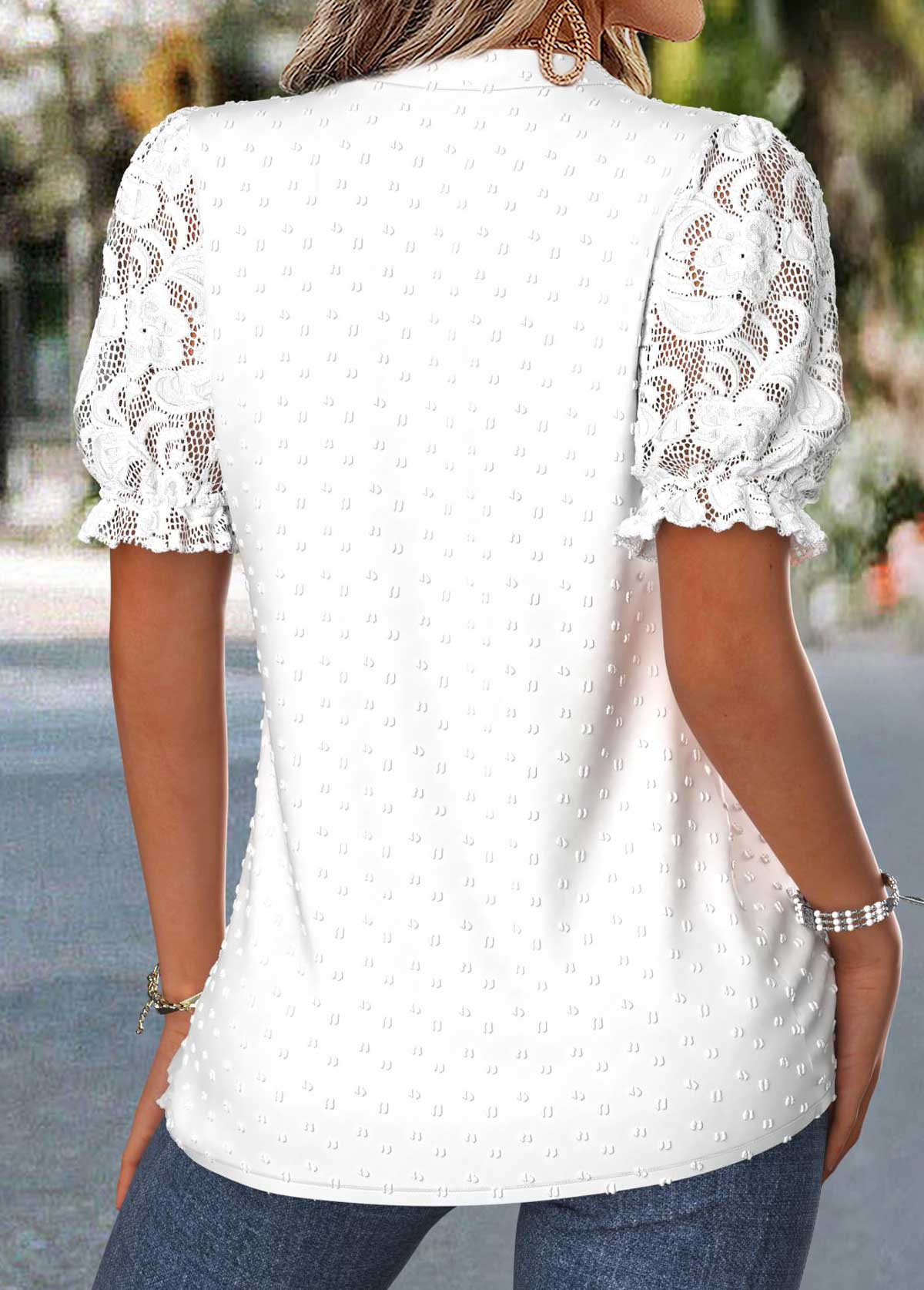 Patchwork Raw White Short Sleeve Split Neck Blouse