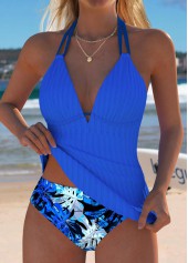 Mid Waisted Leaf Print Royal Blue Tankini Set