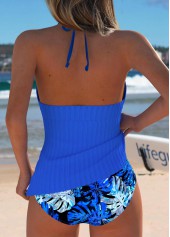 Mid Waisted Leaf Print Royal Blue Tankini Set