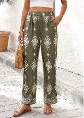 Tribal Print Olive Green Straight Leg Elastic Waist Pants
