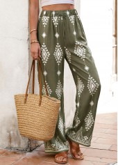 Tribal Print Olive Green Straight Leg Elastic Waist Pants