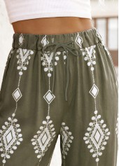 Tribal Print Olive Green Straight Leg Elastic Waist Pants