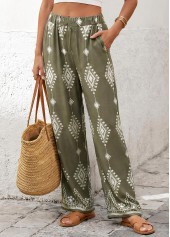 Tribal Print Olive Green Straight Leg Elastic Waist Pants