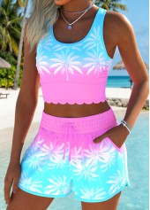 Mid Waisted Tropical Plants Print Scalloped Hem Bikini Set