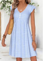 Striped Shirred Light Blue Short V Neck Dress