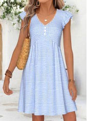 Striped Shirred Light Blue Short V Neck Dress