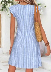Striped Shirred Light Blue Short V Neck Dress