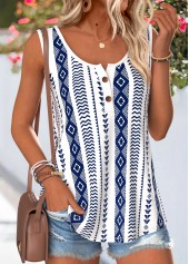 Geometric Print Button Navy Sleeveless Round Neck Tank Top