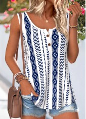 Geometric Print Button Navy Sleeveless Round Neck Tank Top
