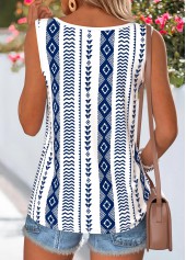 Geometric Print Button Navy Sleeveless Round Neck Tank Top