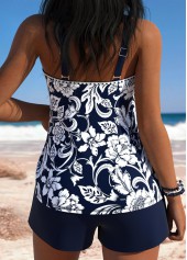 Mid Waisted Random Floral Print Pocket Navy Tankini Set