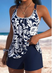 Mid Waisted Random Floral Print Pocket Navy Tankini Set