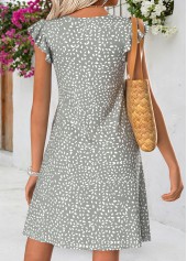 Geometric Print Shirred Grey Short V Neck Dress