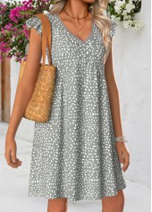 Geometric Print Shirred Grey Short V Neck Dress