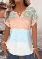 Striped Tummy Coverage Multi Color Short Sleeve T Shirt