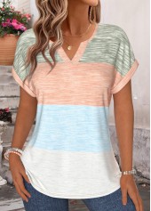 Striped Tummy Coverage Multi Color Short Sleeve T Shirt