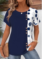 Polka Dot Patchwork Navy Short Sleeve T Shirt