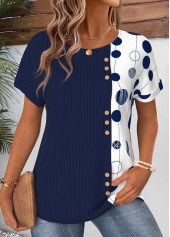 Polka Dot Patchwork Navy Short Sleeve T Shirt