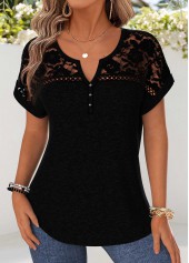 Patchwork Black Short Sleeve Split Neck Blouse