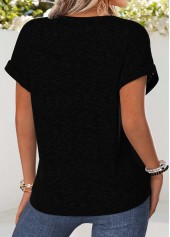 Patchwork Black Short Sleeve Split Neck Blouse