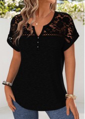 Patchwork Black Short Sleeve Split Neck Blouse