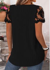 Pleated Black Short Sleeve Square Neck Blouse