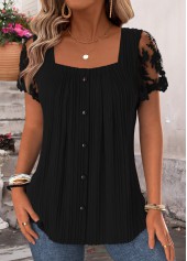 Pleated Black Short Sleeve Square Neck Blouse