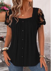 Pleated Black Short Sleeve Square Neck Blouse