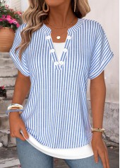 Striped Fake 2in1 Blue Short Sleeve T Shirt