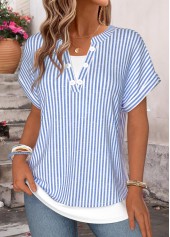Striped Fake 2in1 Blue Short Sleeve T Shirt