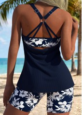 Mid Waisted Floral Print Tummy Coverage Blue Tankini Set