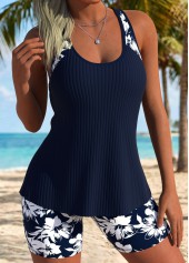 Mid Waisted Floral Print Tummy Coverage Blue Tankini Set