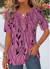 Leaf Print Curved Hem Red Short Sleeve T Shirt