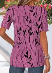 Leaf Print Curved Hem Red Short Sleeve T Shirt