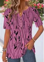 Leaf Print Curved Hem Red Short Sleeve T Shirt