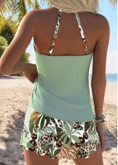 Mid Waisted Tropical Plants Print Lace Up Tankini Set