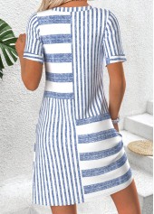 Striped Blue Short Split Neck Dress