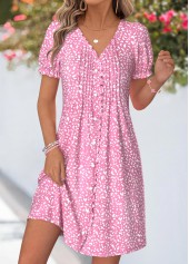 Geometric Print Tuck Stitch Pink Short V Neck Dress