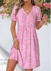 Geometric Print Tuck Stitch Pink Short V Neck Dress