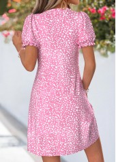 Geometric Print Tuck Stitch Pink Short V Neck Dress