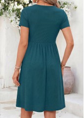 Patchwork Turquoise Short Sleeve Heart Collar Dress