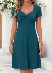 Patchwork Turquoise Short Sleeve Heart Collar Dress
