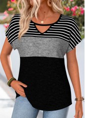 Striped Black Short Sleeve Round Neck T Shirt
