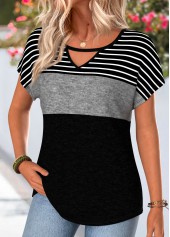 Striped Black Short Sleeve Round Neck T Shirt