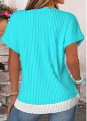 Fake 2in1 Blue Short Sleeve Split Neck T Shirt