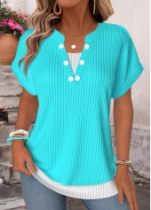 Fake 2in1 Blue Short Sleeve Split Neck T Shirt